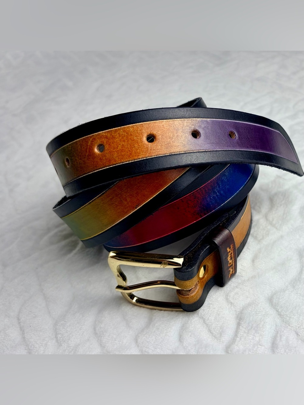 Classic Leather Rainbow Belt with Gold Buckle